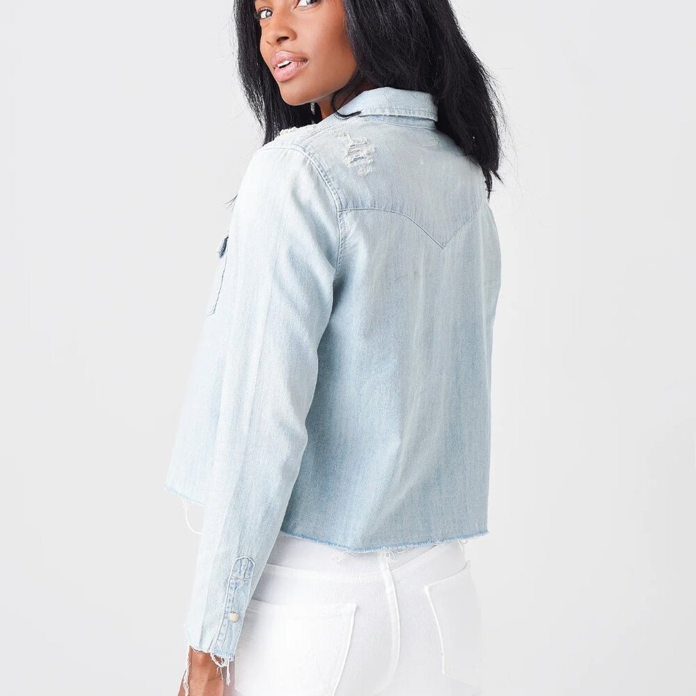 MOTHER  Women's The Super Ex's Crop Fray Button-Up Shirt Jacket - Picture 3 of 5